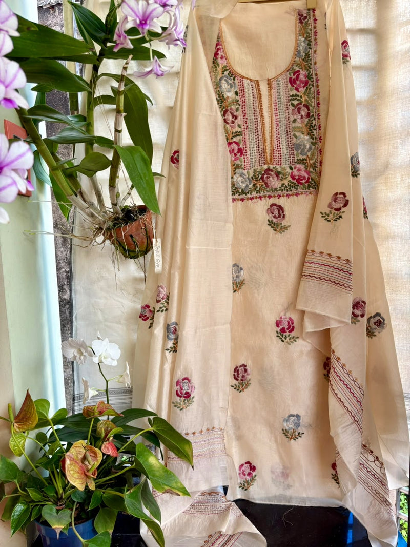 Hand Embroidered 3 Pc Unstitched Set in Cotton Chanderi — 29