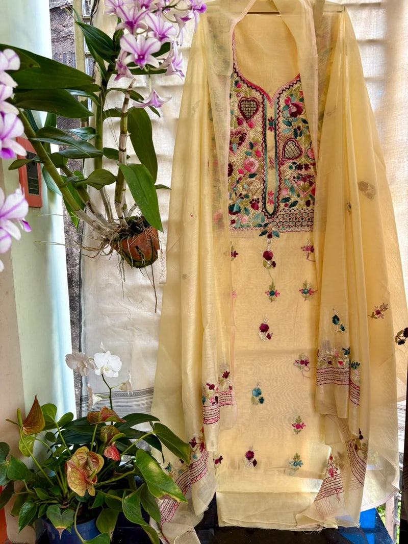 Hand Embroidered 3 Pc Unstitched Set in Cotton Chanderi — 28