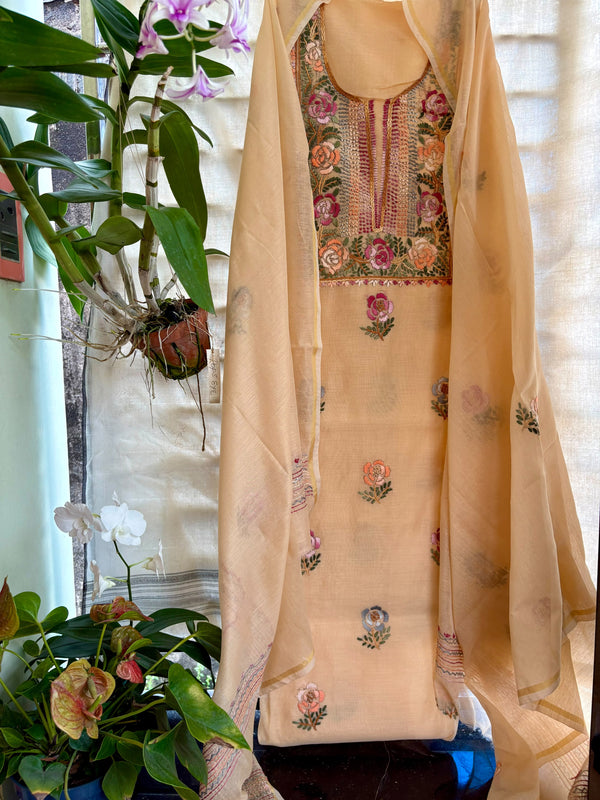 Hand Embroidered 3 Pc Unstitched Set in Cotton Chanderi — 34