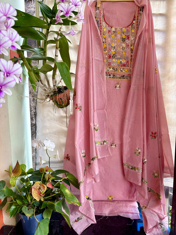 Hand Embroidered 3 Pc Unstitched Set in Cotton Chanderi — 36
