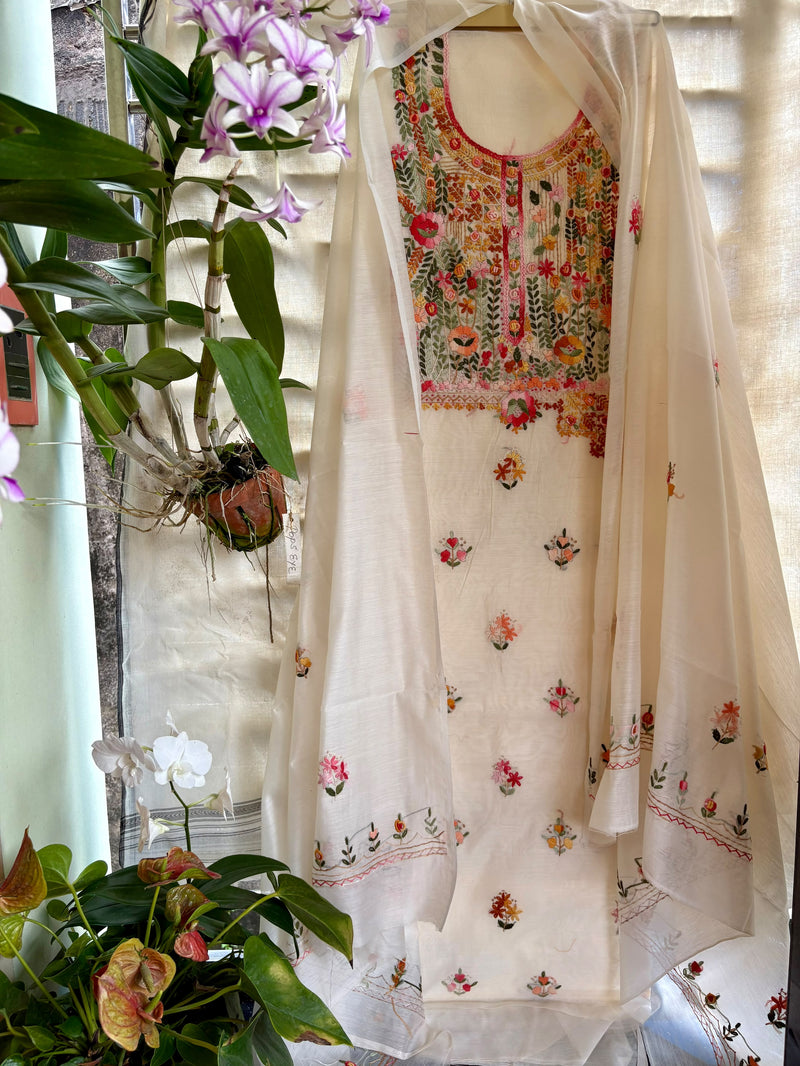 Hand Embroidered 3 Pc Unstitched Set in Cotton Chanderi — 42