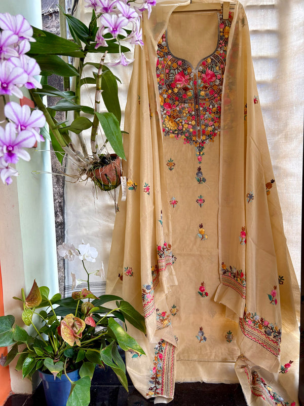 Hand Embroidered 3 Pc Unstitched Set in Cotton Chanderi — 44