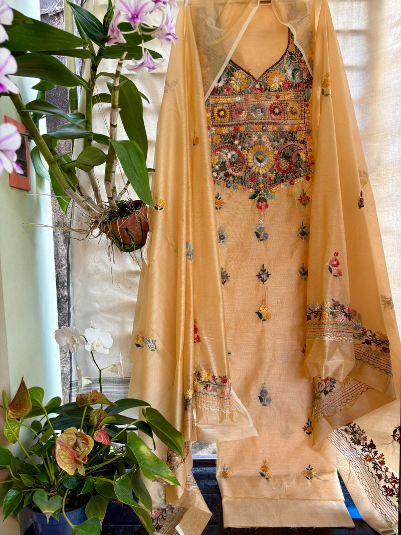 Hand Embroidered 3 Pc Unstitched Set in Cotton Chanderi — 38