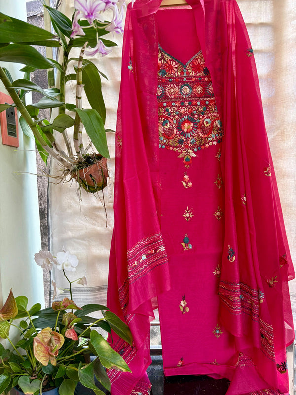 Hand Embroidered 3 Pc Unstitched Set in Cotton Chanderi — Pink 31