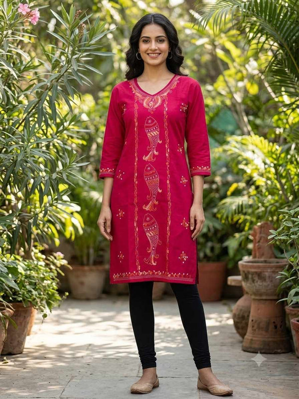 Stitched Kurti on Kantha Work — Red 17