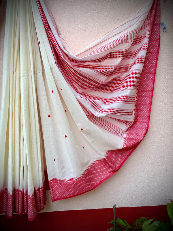 White & Red Saree in Pure Cotton — 05