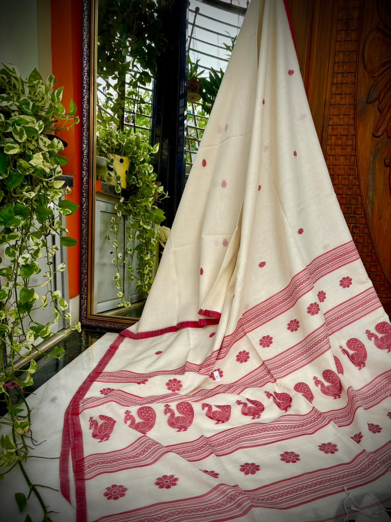 White & Red Saree in Pure Cotton — 02
