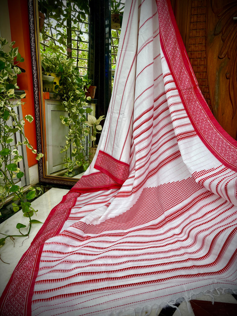 White & Red Saree in Pure Cotton — 06