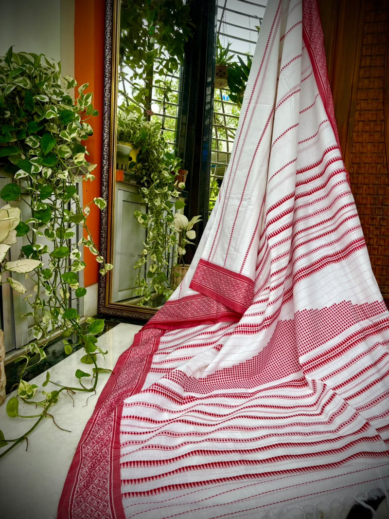 White & Red Saree in Pure Cotton — 06
