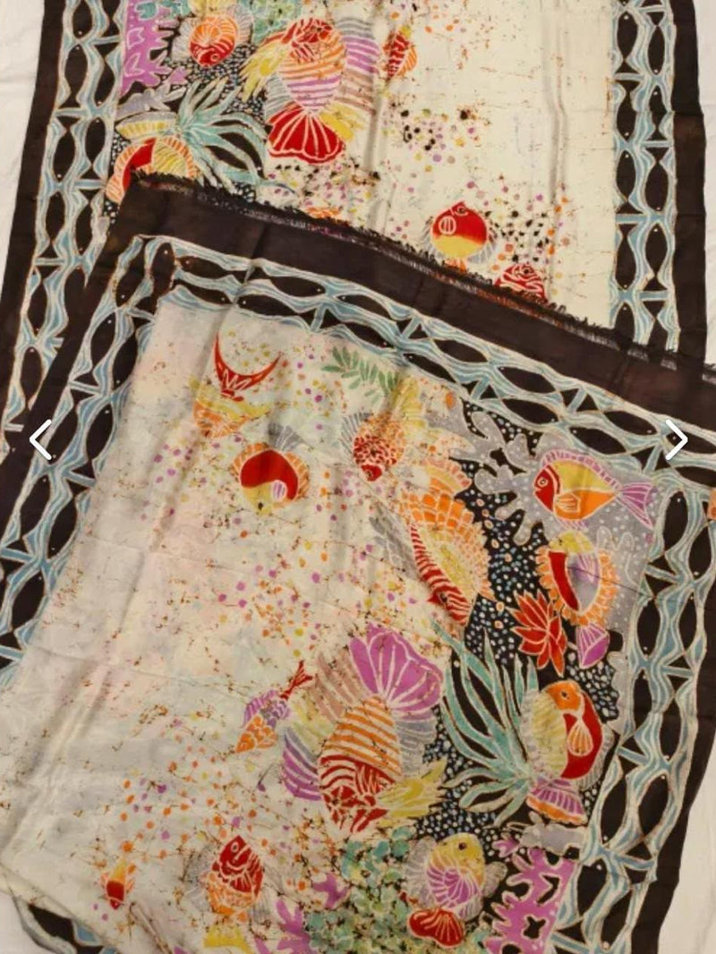 Hand Painted Saree on Pure Tussar Silk — Beige & White 03
