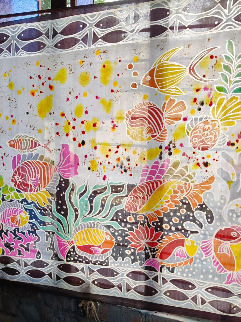 Hand Painted Saree on Pure Tussar Silk — Beige & White 03