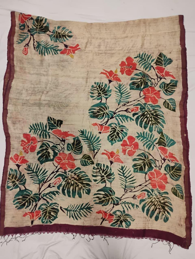 Hand Painted Saree on Pure Tussar Silk — Beige 02
