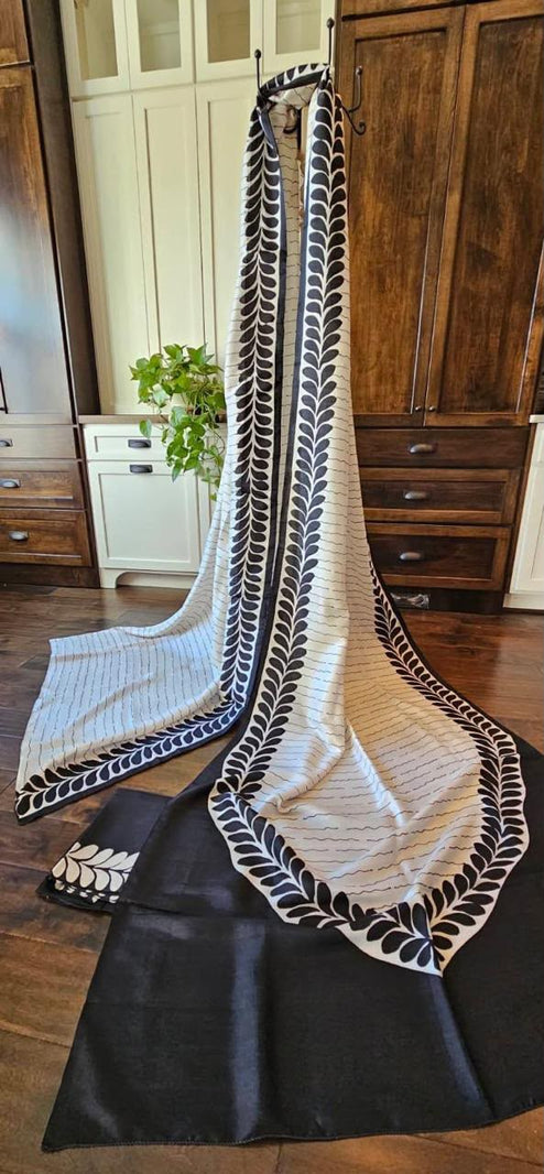 Hand Painted Saree on Pure Silk — White & Black 03