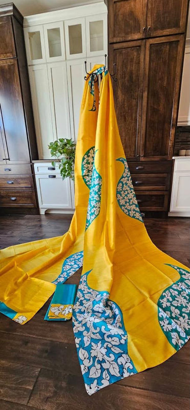 Hand Painted Saree on Pure Silk — Yellow & Blue 16