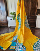 Hand Painted Saree on Pure Silk — Yellow & Blue 16