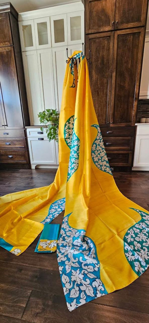 Hand Painted Saree on Pure Silk — Yellow & Blue 16