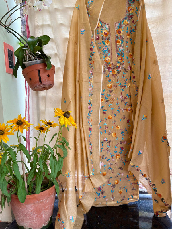 Hand Embroidered 3 Pc Unstitched Set in Cotton Chanderi