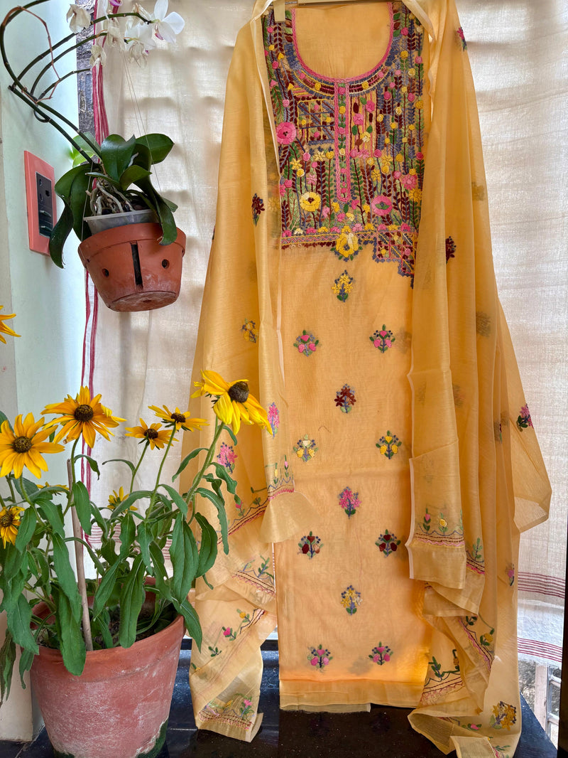 Hand Embroidered 3 Pc Unstitched Set in Cotton Chanderi