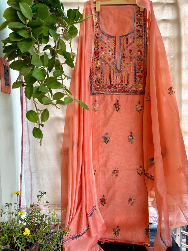 Hand Embroidered 3 Pc Unstitched Set in Cotton Chanderi