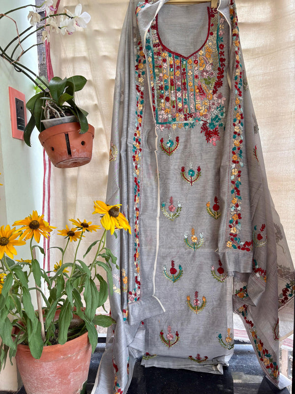 Hand Embroidered 3 Pc Unstitched Set in Cotton Chanderi