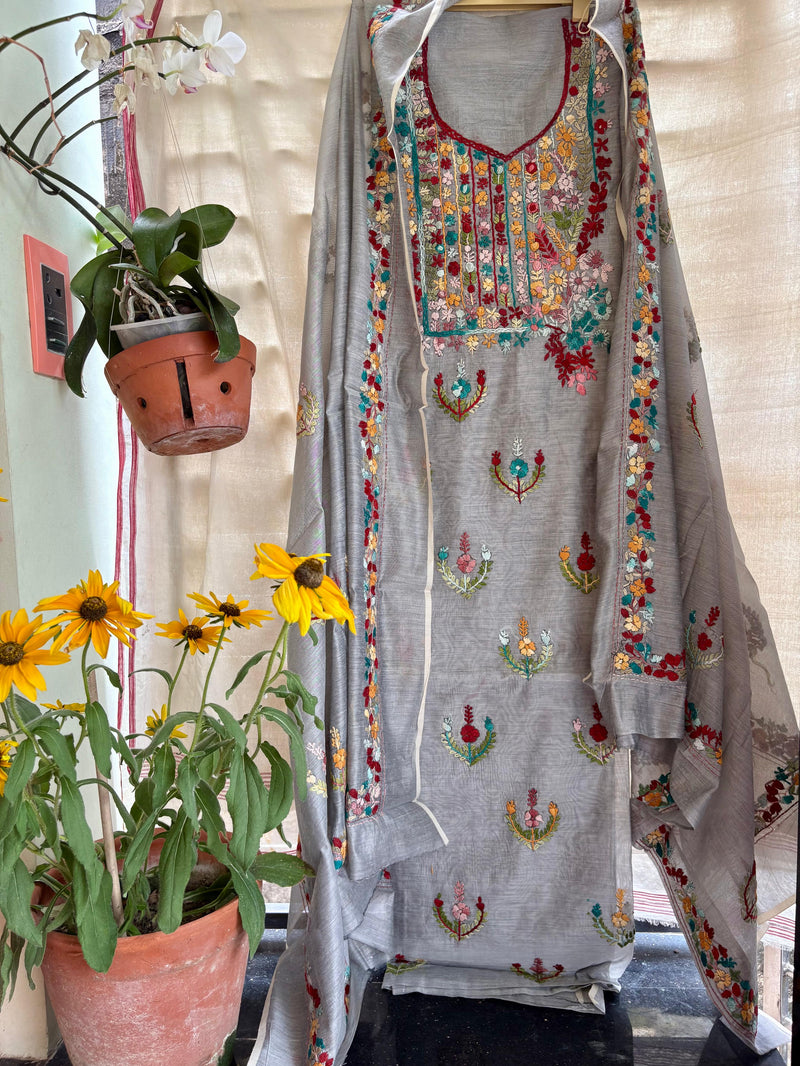 Hand Embroidered 3 Pc Unstitched Set in Cotton Chanderi