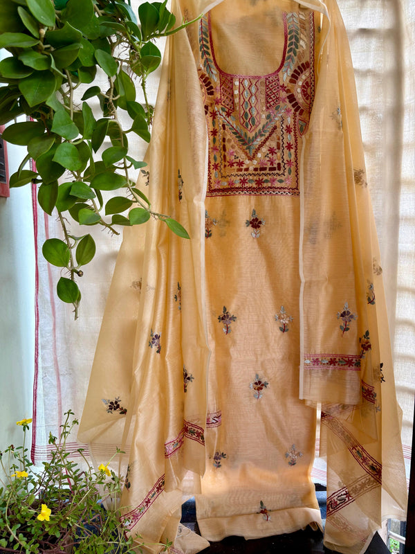 Hand Embroidered 3 Pc Unstitched Set in Cotton Chanderi