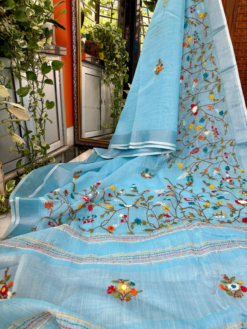 Floral Garden Hand-embroidered Linen Saree
