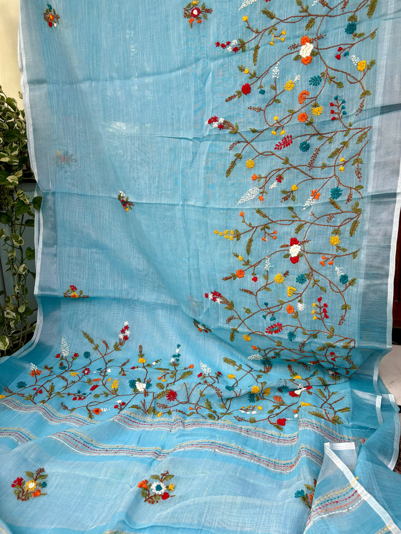 Floral Garden Hand-embroidered Linen Saree