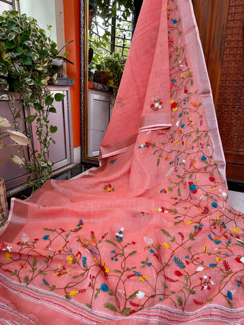 Floral Garden Hand-embroidered Linen Saree