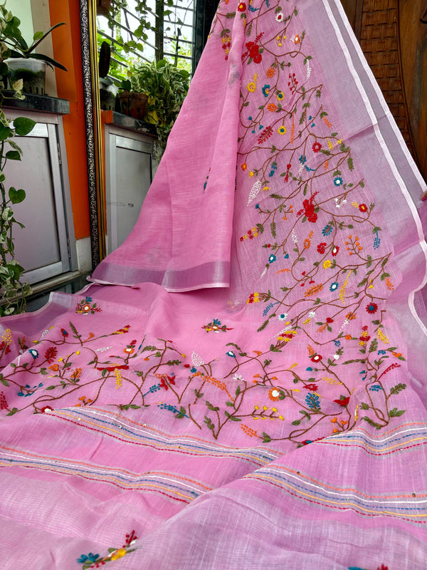 Floral Garden Hand-embroidered Linen Saree