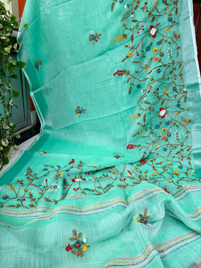 Floral Garden Hand-embroidered Linen Saree