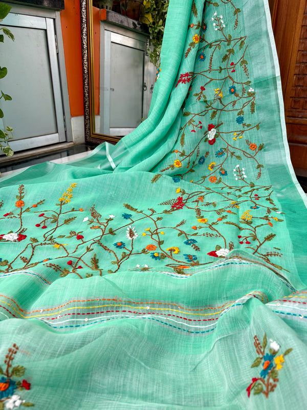 Floral Garden Hand-embroidered Linen Saree