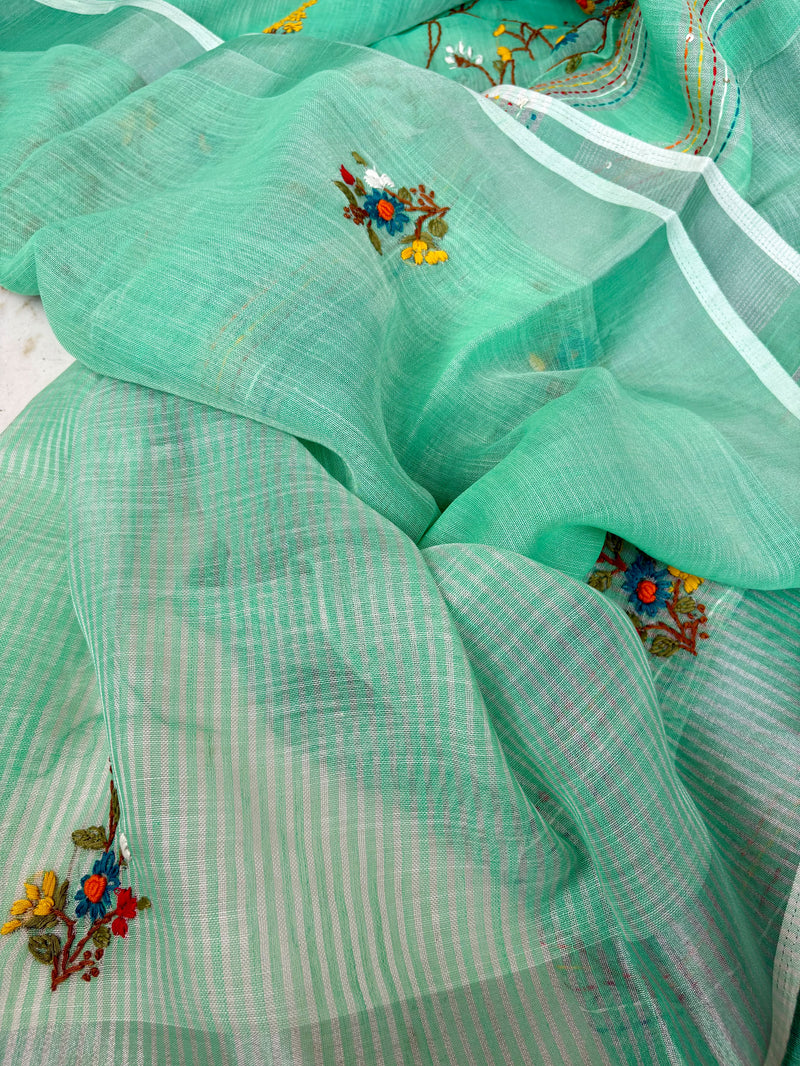 Floral Garden Hand-embroidered Linen Saree