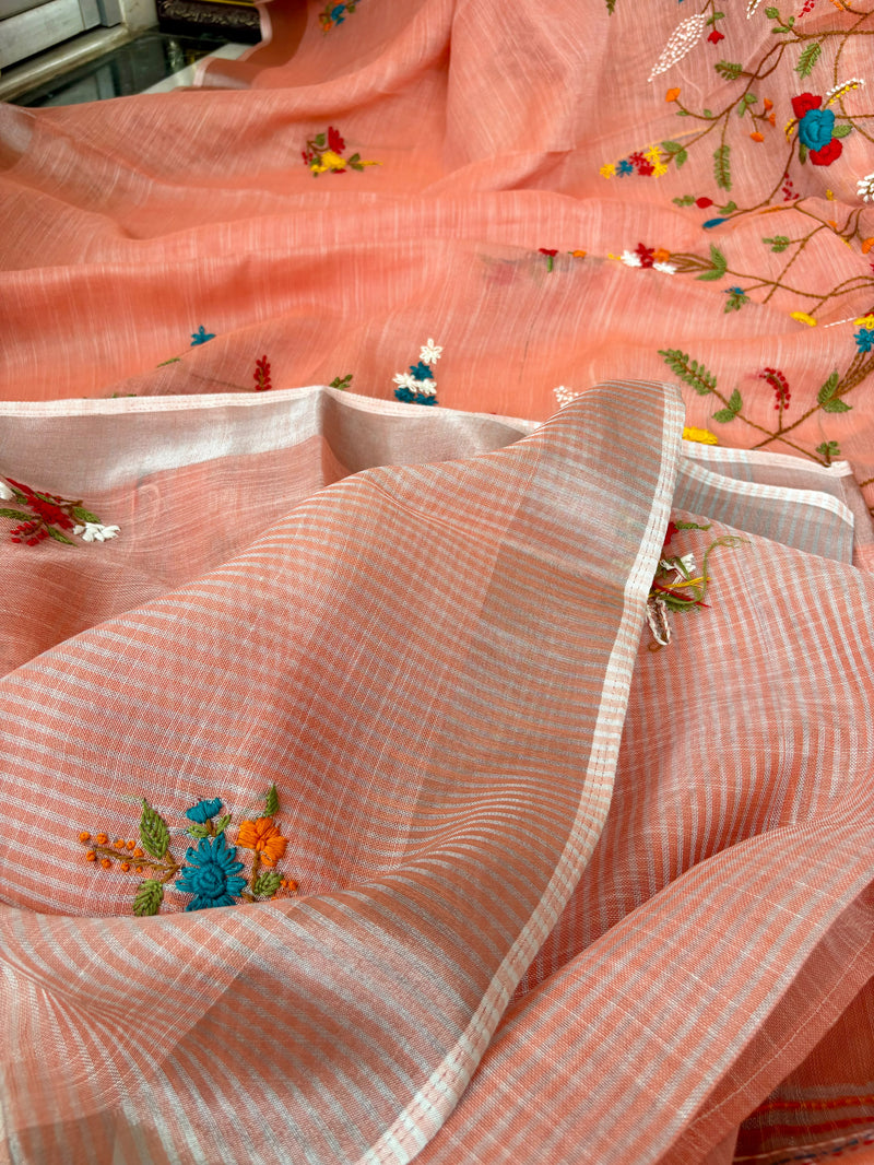 Floral Garden Hand-embroidered Linen Saree