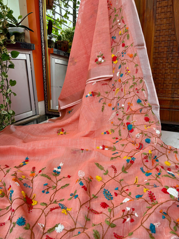 Floral Garden Hand-embroidered Linen Saree