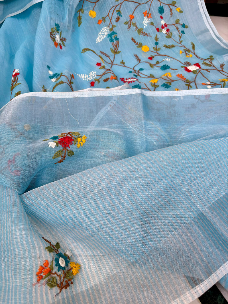 Floral Garden Hand-embroidered Linen Saree