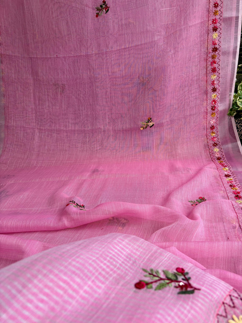 Hand-embroidered &Painted Linen Saree