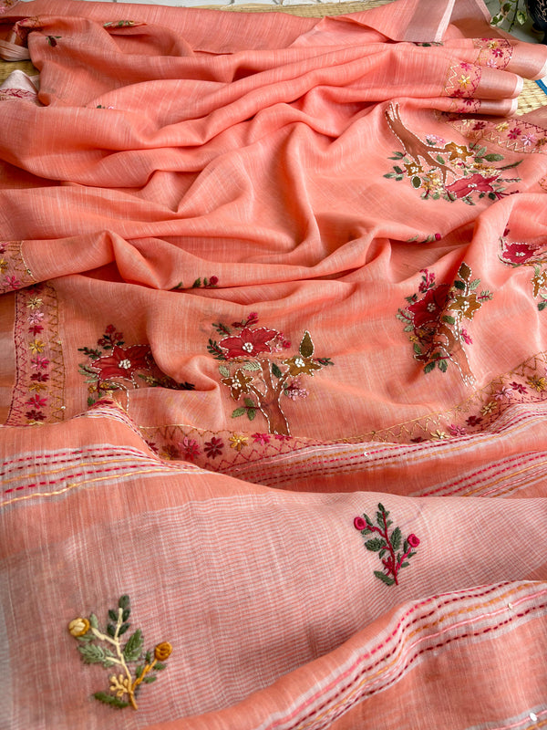Hand-embroidered & Painted Linen Saree