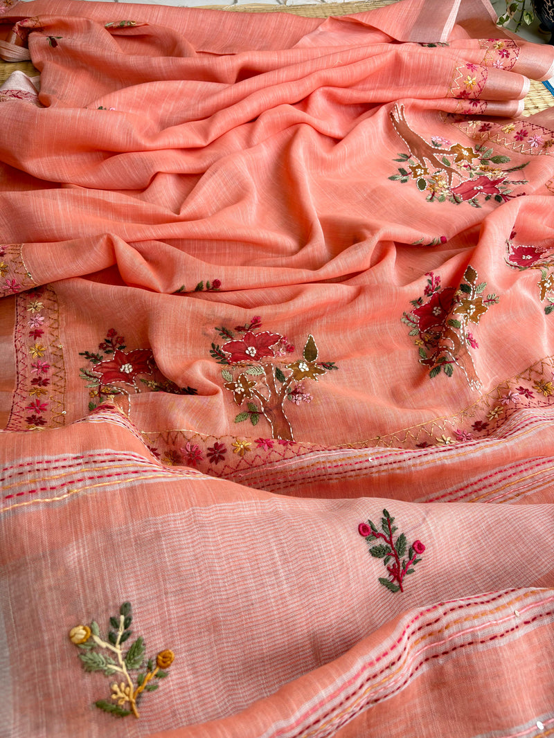 Hand-embroidered & Painted Linen Saree