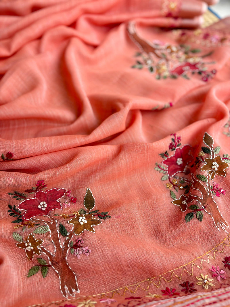 Hand-embroidered & Painted Linen Saree