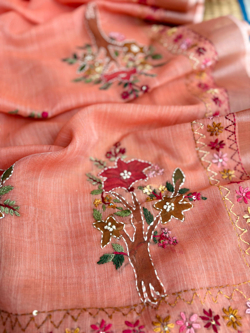 Hand-embroidered & Painted Linen Saree