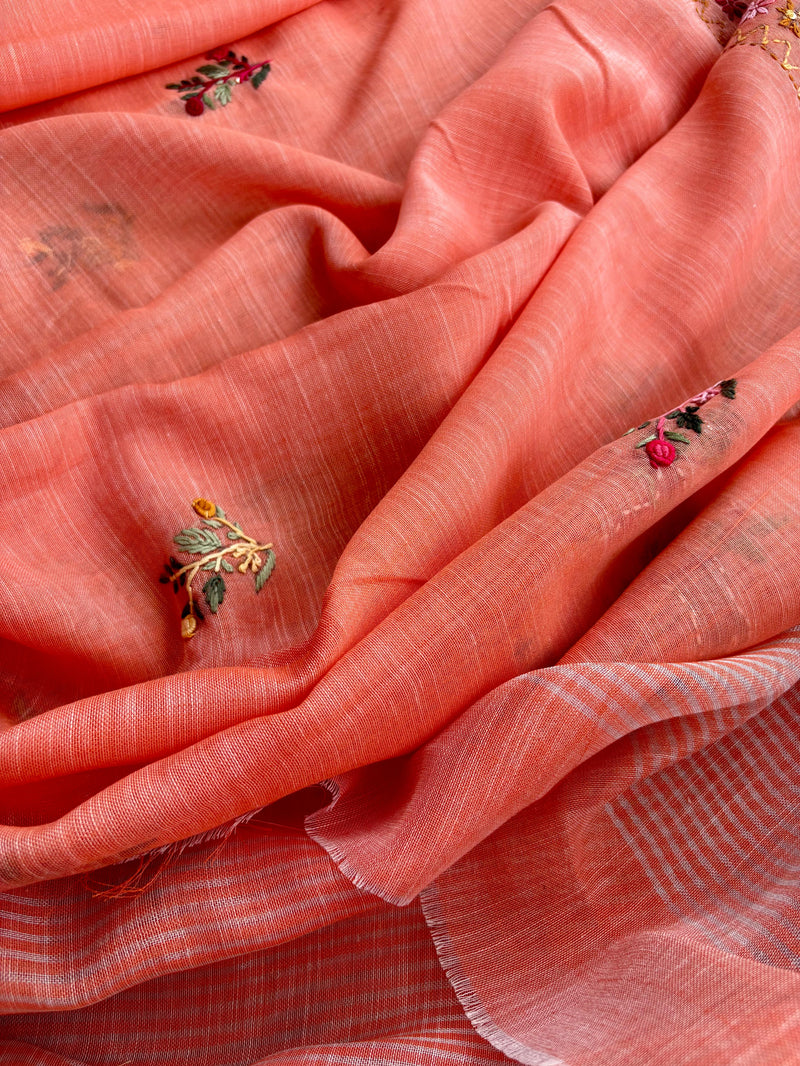 Hand-embroidered & Painted Linen Saree