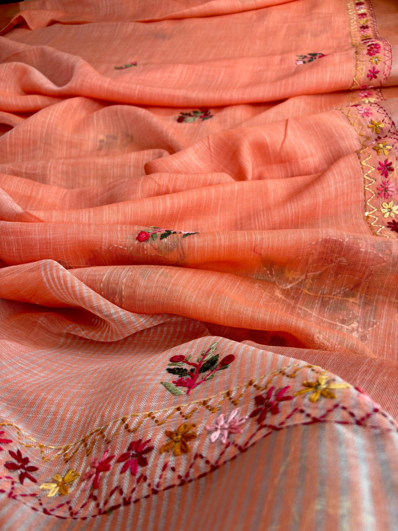 Hand-embroidered & Painted Linen Saree