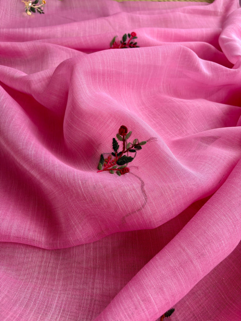 Hand-embroidered & Painted Linen Saree