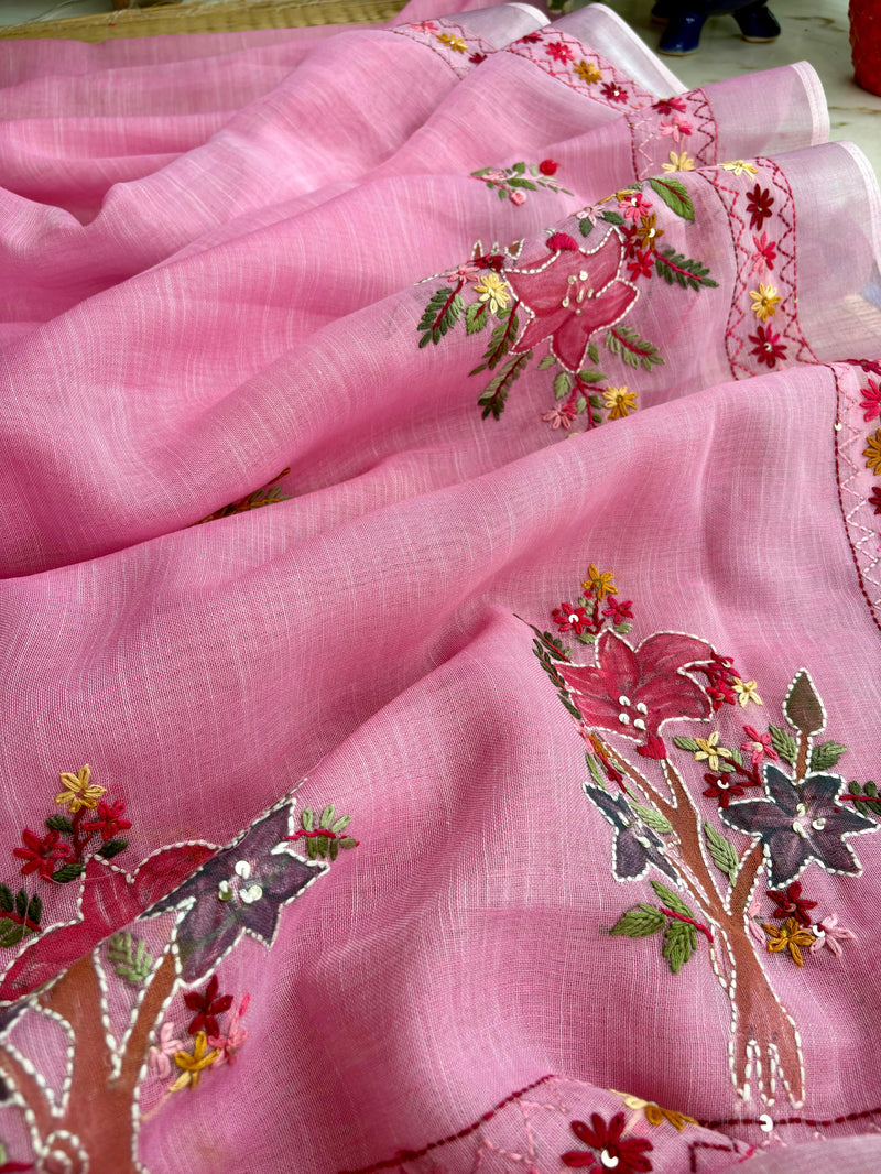 Hand-embroidered &Painted Linen Saree