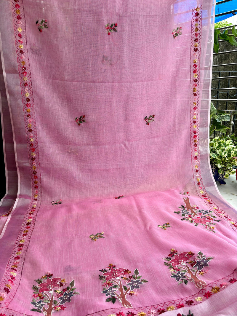 Hand-embroidered &Painted Linen Saree
