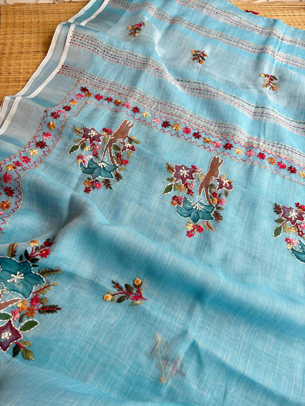 Hand-embroidered & Painted Linen Saree