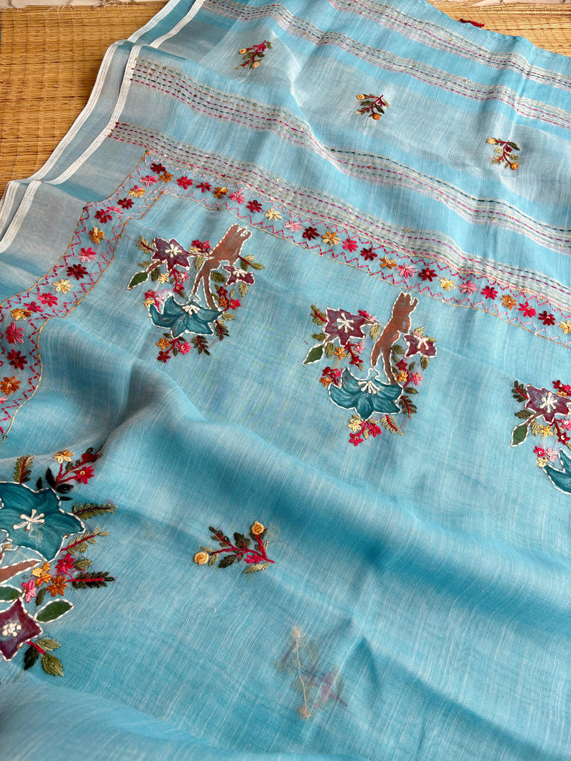 Hand-embroidered & Painted Linen Saree