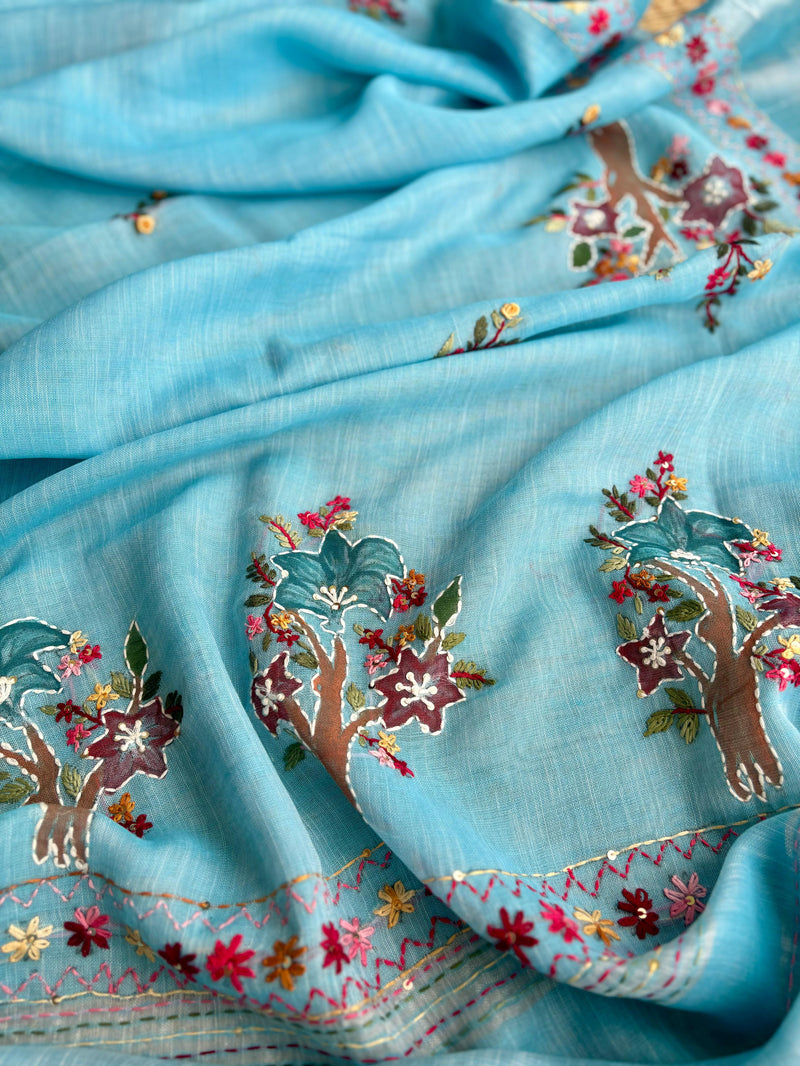 Hand-embroidered & Painted Linen Saree