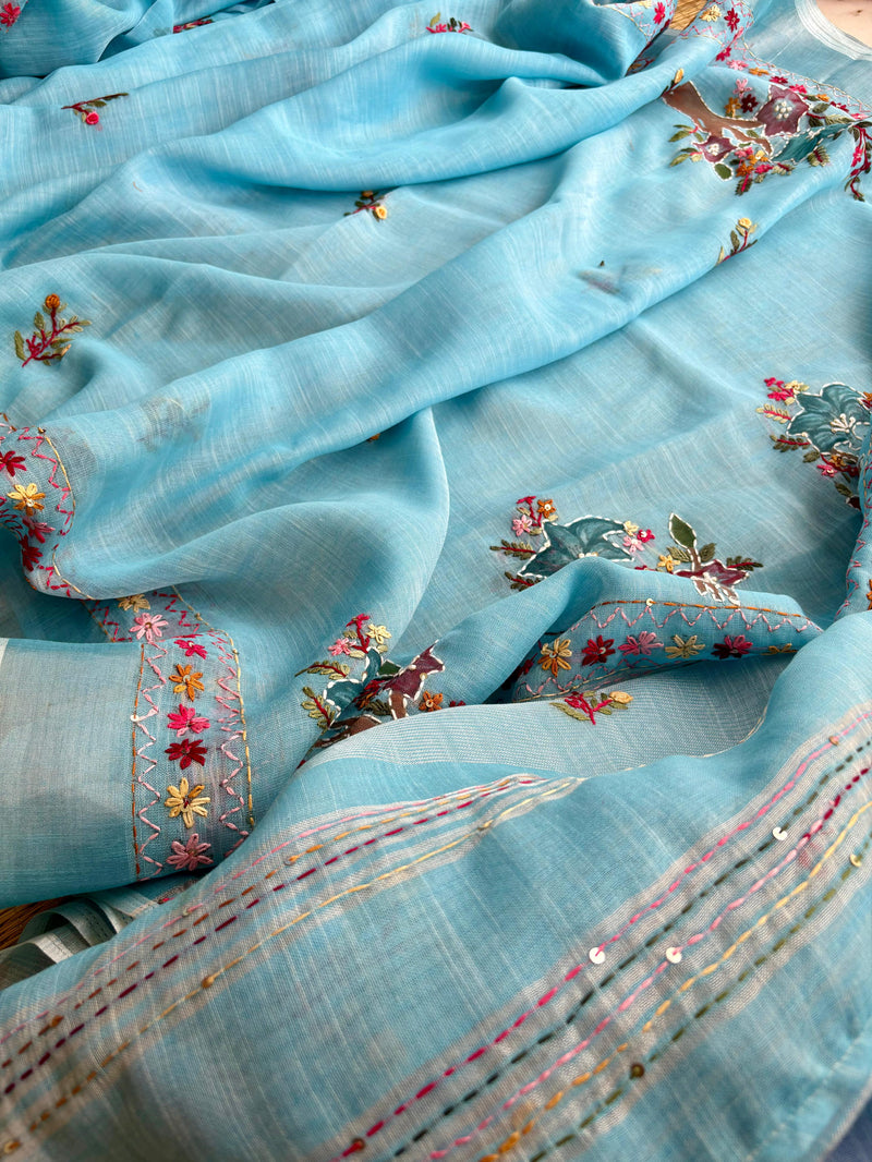 Hand-embroidered & Painted Linen Saree